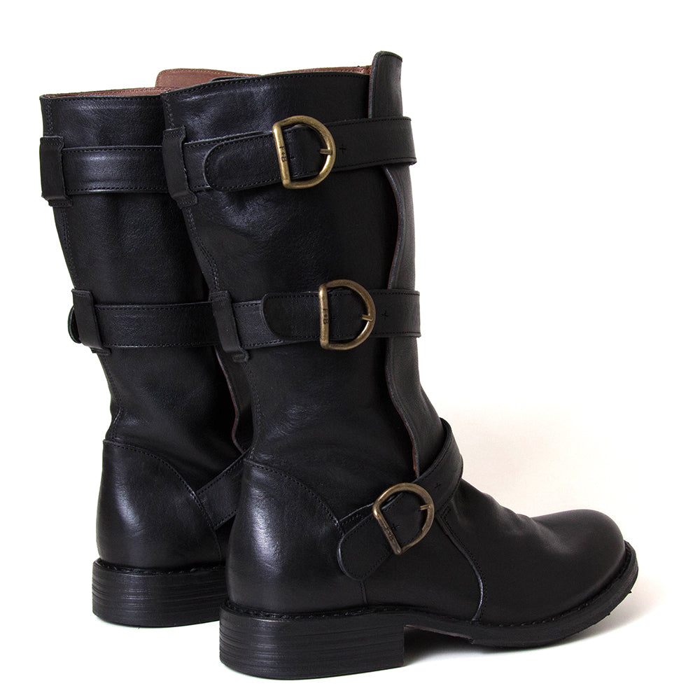 Black leather boots with gold buckles on a white background