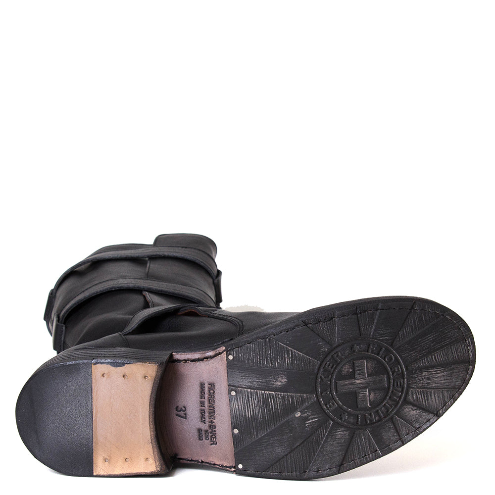 Black leather boot sole with brand logo on a white background