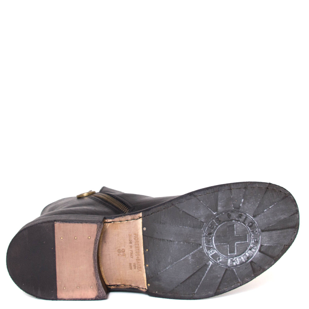 Black leather shoe sole with brand logo on a white background