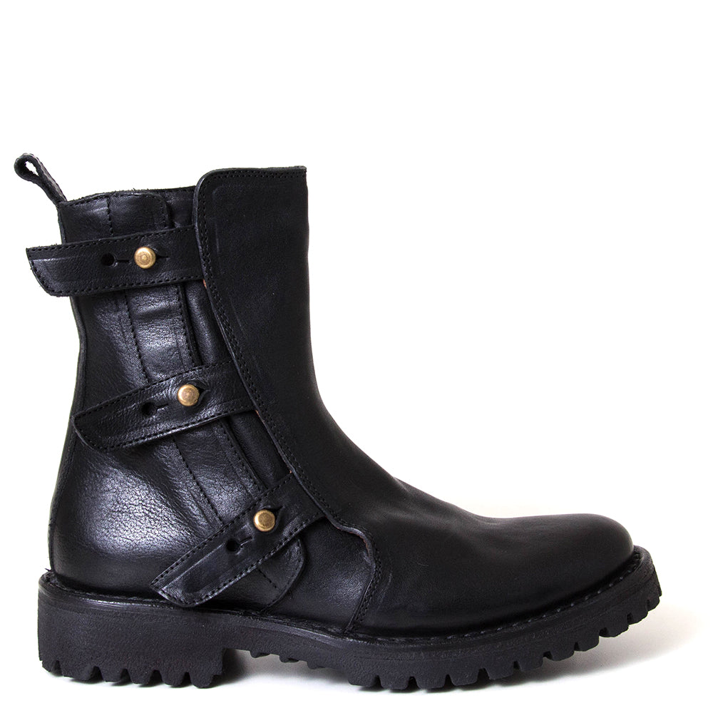 Fiorentini + Baker Erna. Women's black leather boot with brass rivets.