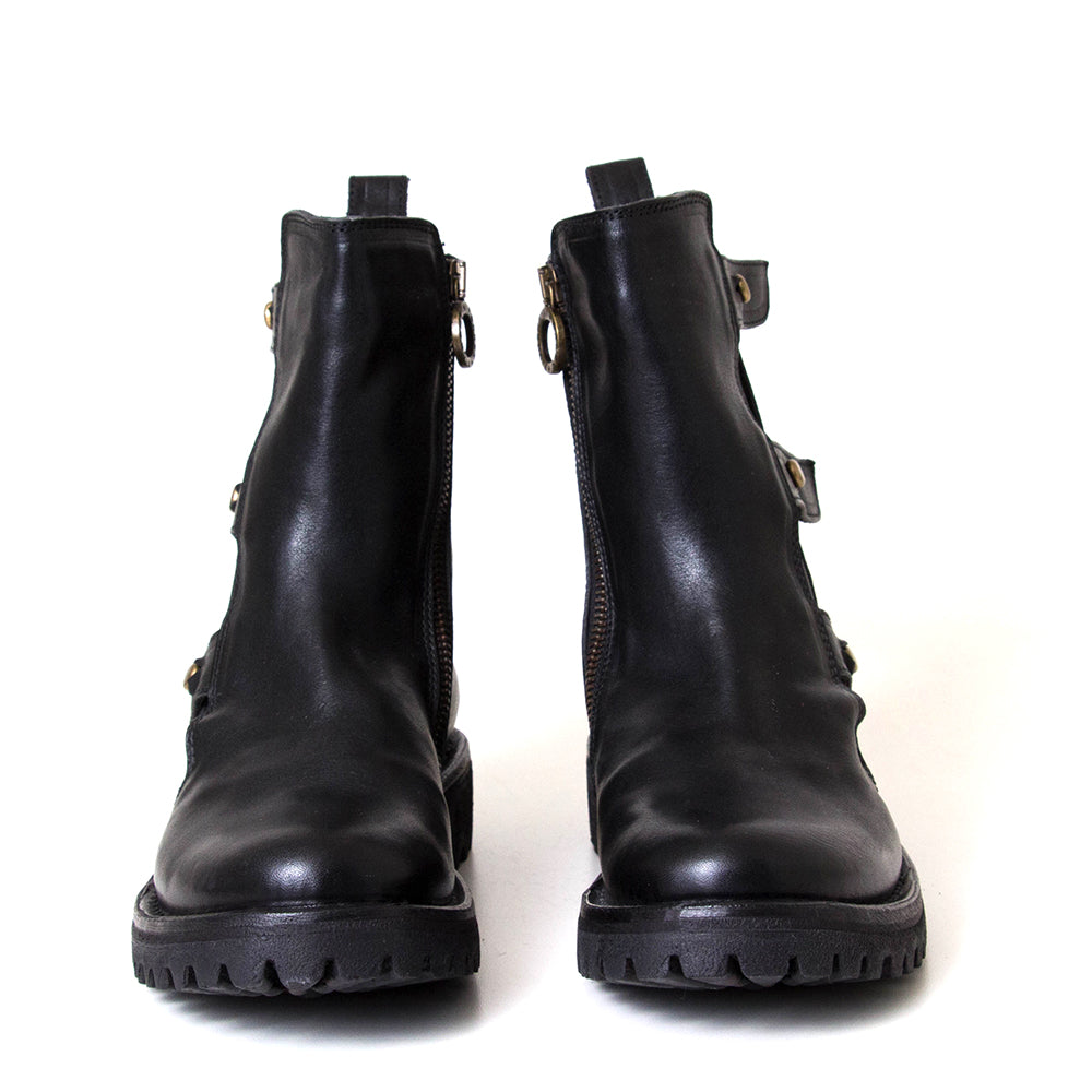 Fiorentini + Baker Erna. Women's black leather boot with brass rivets.