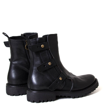 Fiorentini + Baker Erna. Women's black leather boot with brass rivets.