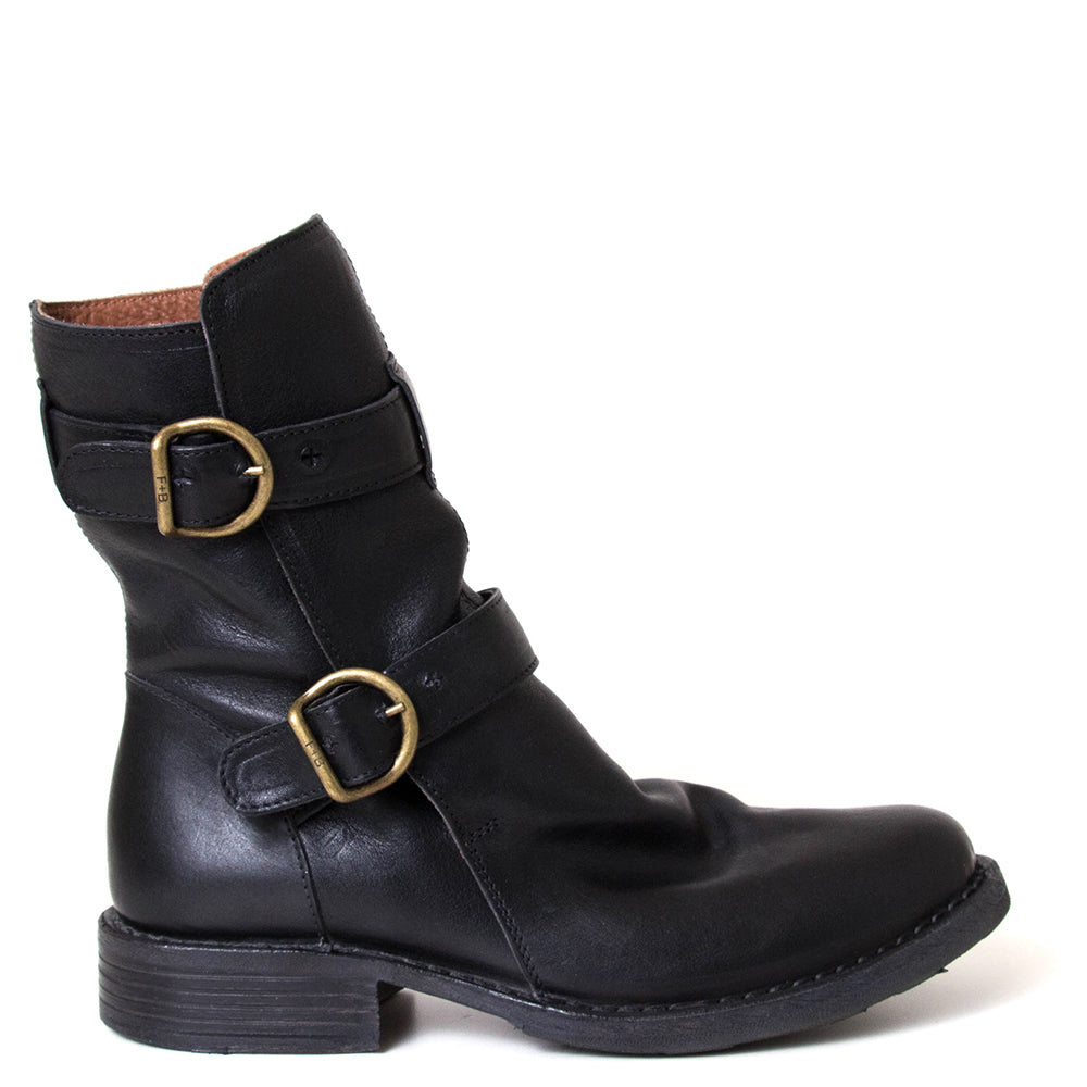 Fiorentini + Baker Eternity 713. Women's black leather boot with brass buckle.