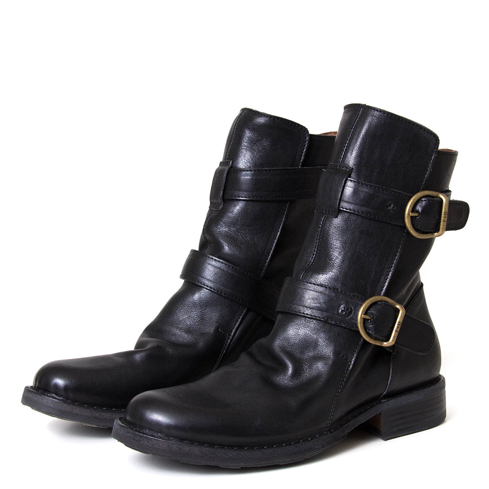 Fiorentini + Baker Eternity 713. Women's black leather boot with brass buckle.