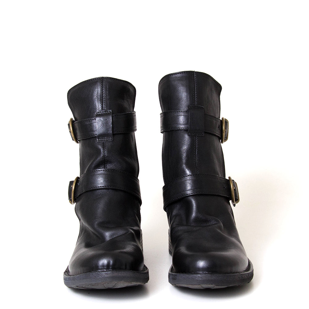 Fiorentini + Baker Eternity 713. Women's black leather boot with brass buckle.