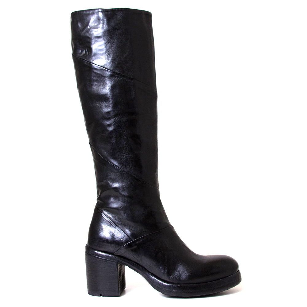 Lemargo Fy02a Emma. Women's 3-inch heeled black leather knee high boot. Made in Italy.