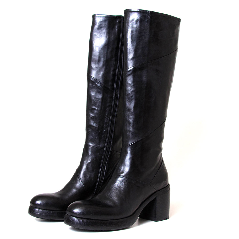 Lemargo Fy02a Emma. Women's 3-inch heeled black leather knee high boot. Made in Italy.