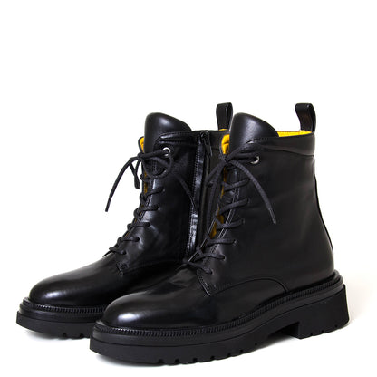 Mara Bini Hester T215. Women's low heel black leather combat boot.