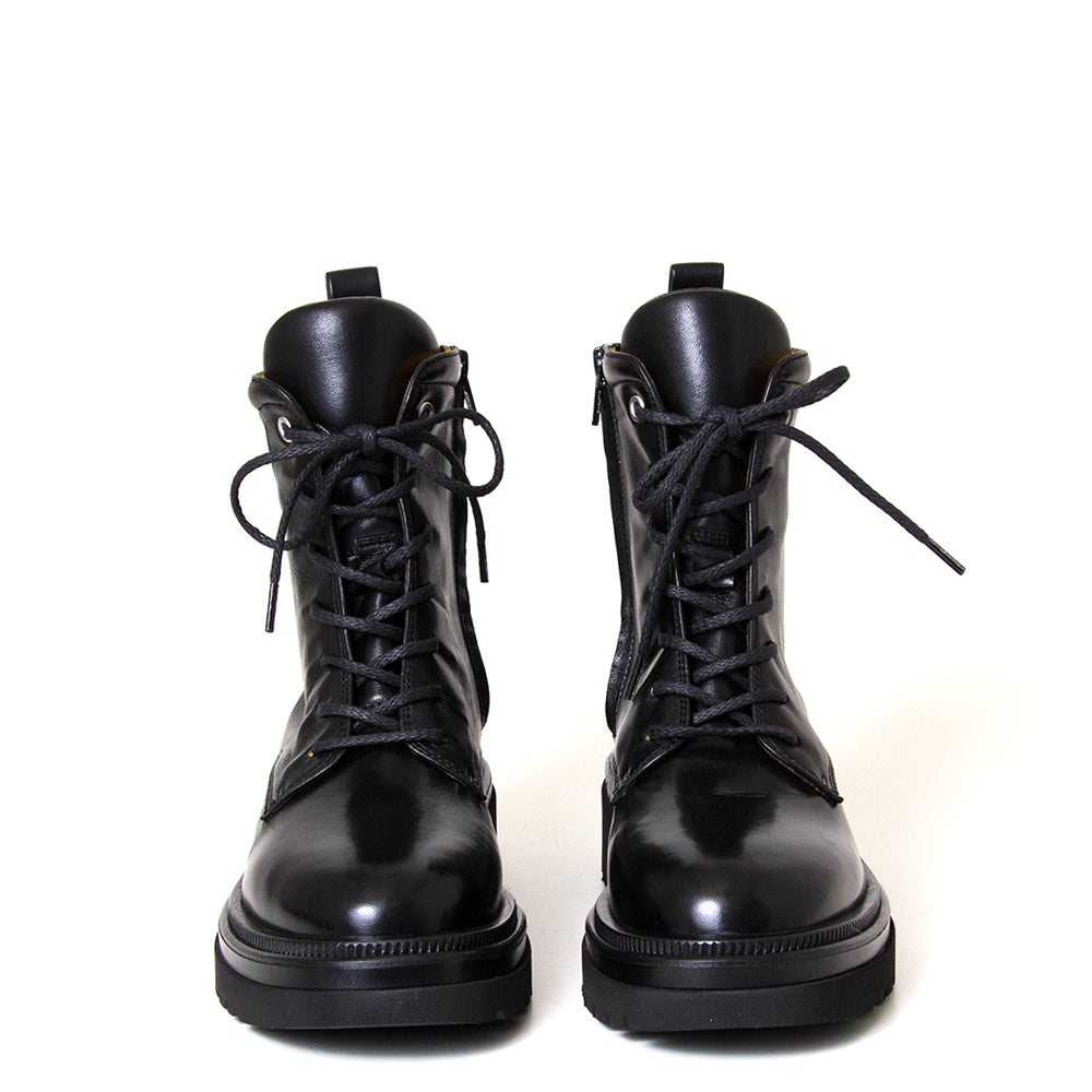 Mara Bini Hester T215. Women's low heel black leather combat boot.