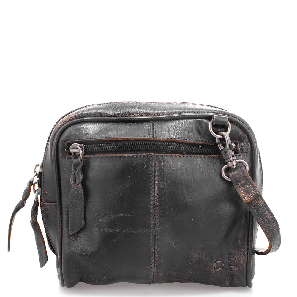 Bed Stu Capture. Women's crossbody bag in washed black leather. Height: 6 inches // Width: 7 inches // Depth 2½ inches