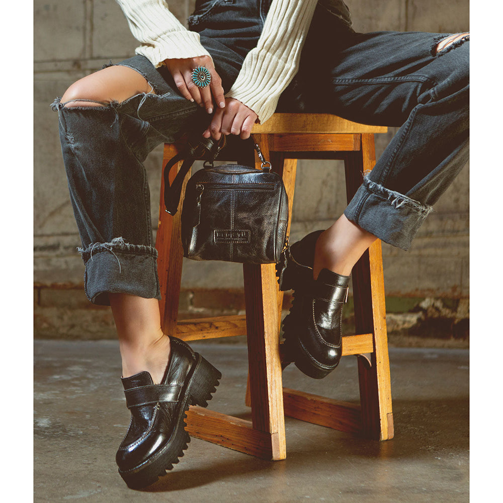 Bed Stu Capture. Women's crossbody bag in washed black leather. Height: 6 inches // Width: 7 inches // Depth 2½ inches