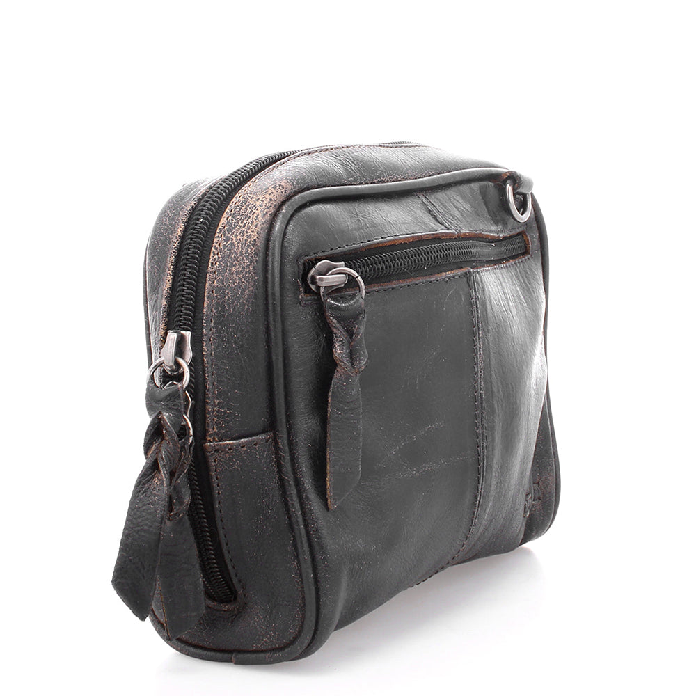 Bed Stu Capture. Women's crossbody bag in washed black leather. Height: 6 inches // Width: 7 inches // Depth 2½ inches