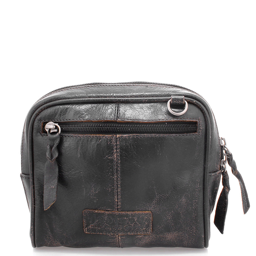 Bed Stu Capture. Women's crossbody bag in washed black leather. Height: 6 inches // Width: 7 inches // Depth 2½ inches