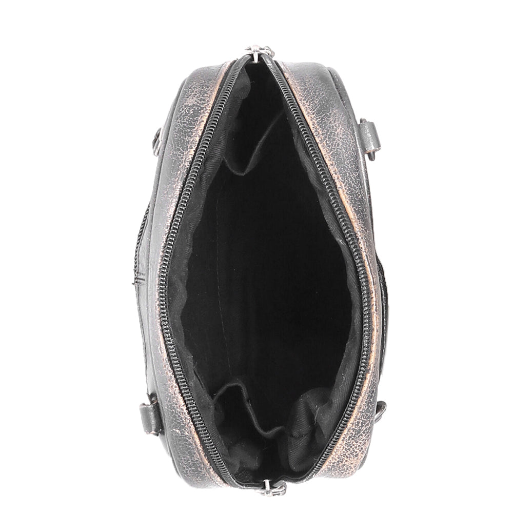 Bed Stu Capture. Women's crossbody bag in washed black leather. Height: 6 inches // Width: 7 inches // Depth 2½ inches