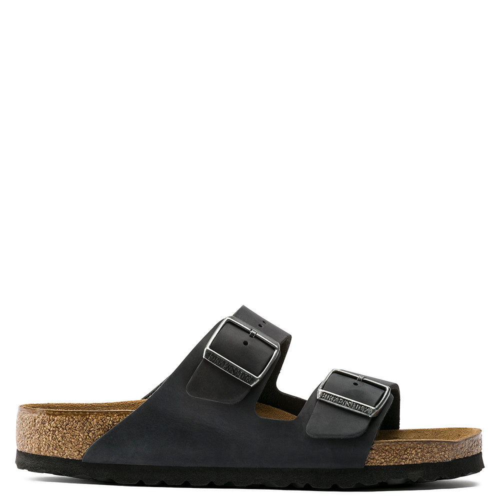 Birkenstock Arizona. Unisex black oiled leather with soft suede footbed.