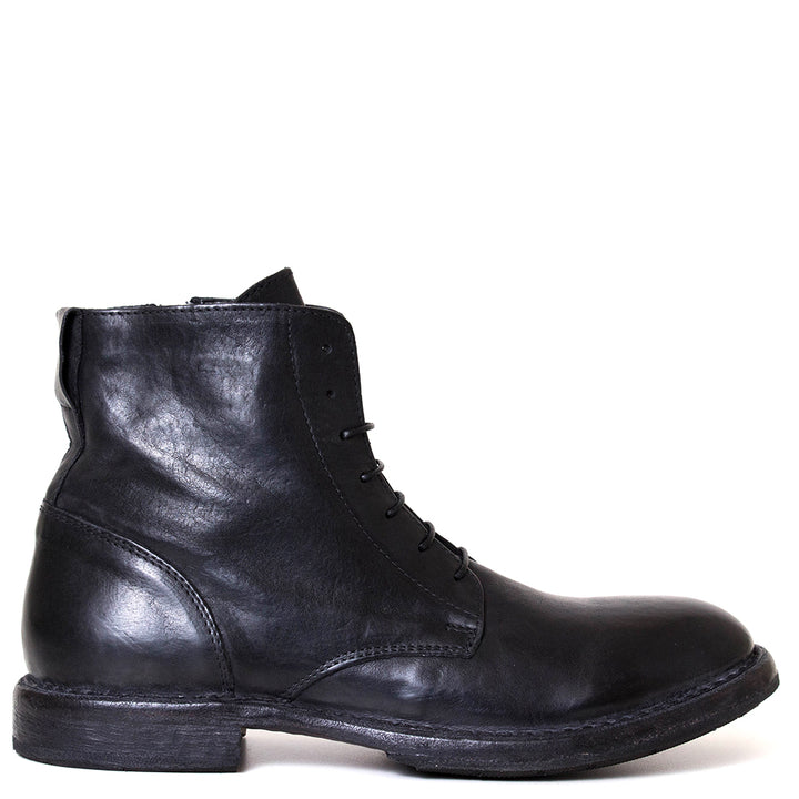 Moma 50307B-CU Alford. Men's military leather boot in black leather. Side view.