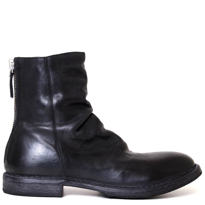 Moma 50304C-CU Men's slouching boot, back zipper in black leather. Side view.