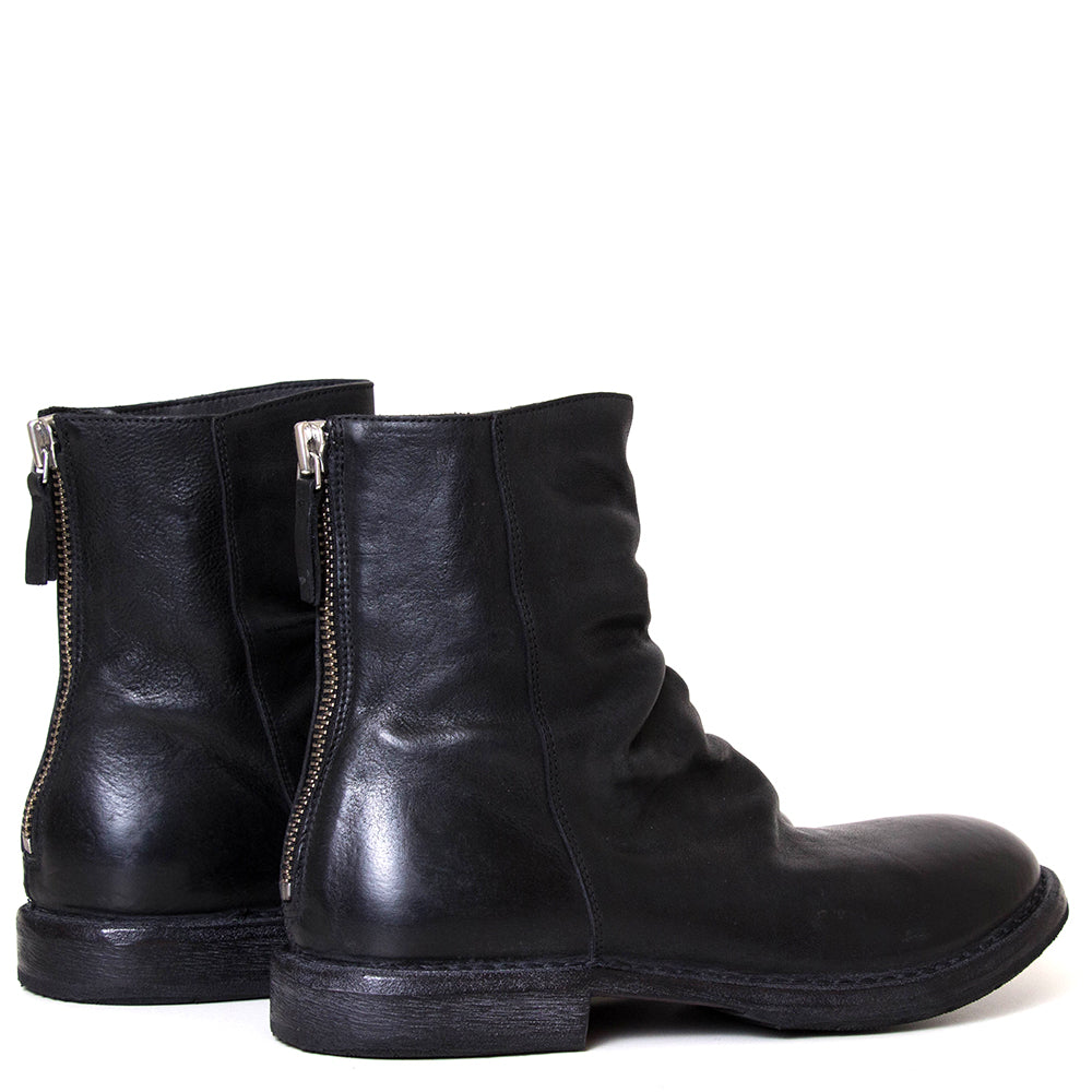 Moma 50304C-CU Men's slouching boot, back zipper in black leather. Back view.