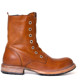 Moma 71301C-CU Filey. Women's 2 inch leather boot in dark tan leather. Side view.