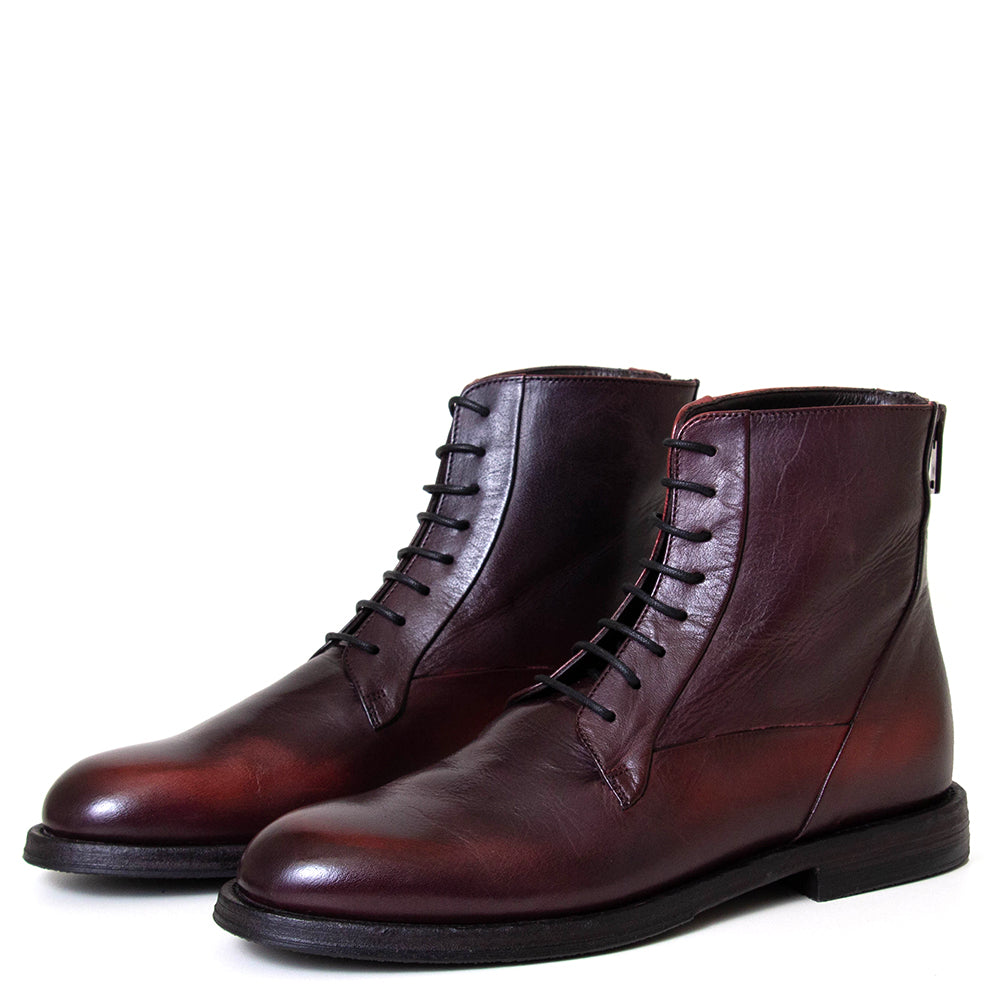 Pantanetti 18053F Paine. Women's lace-up combat boot in dark red leather.