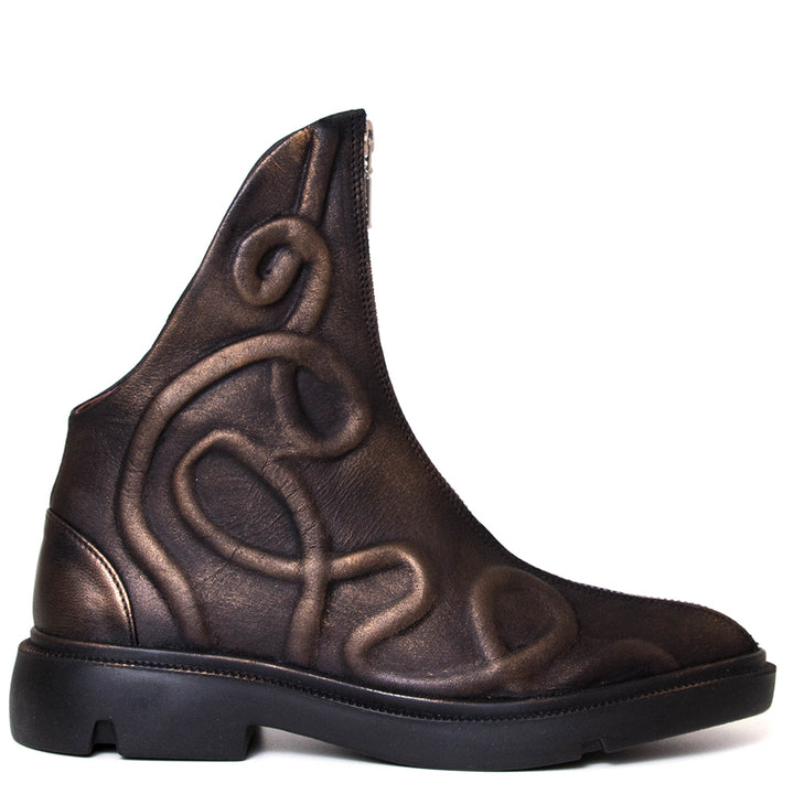Papucei Gillian. Women's ankle boot in black and bronze leather. Side view.