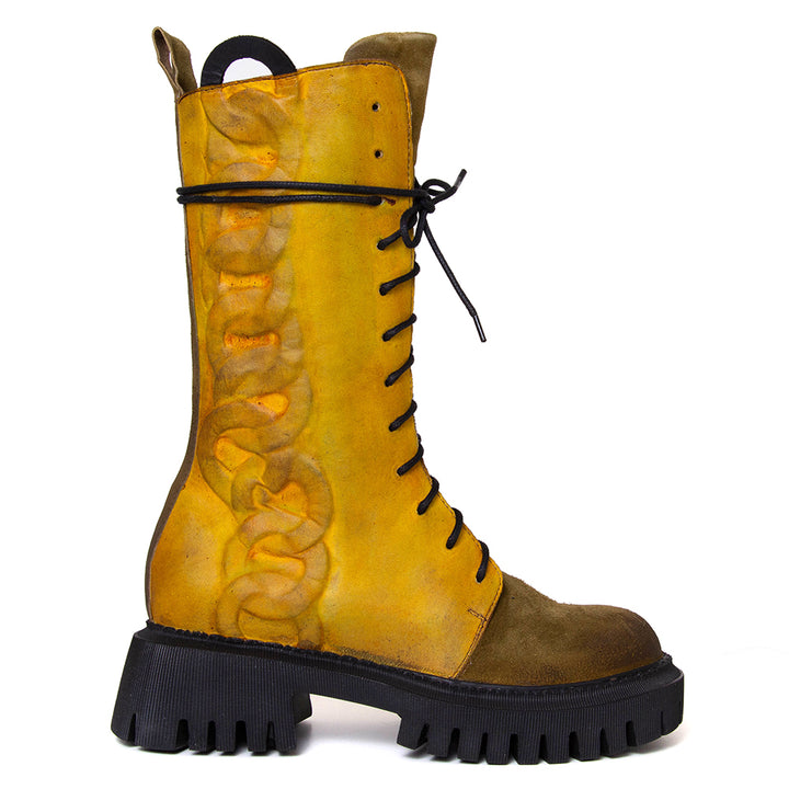 Papucei Maurice. Women's calf-high boot in greenish yellow leather. Side view.