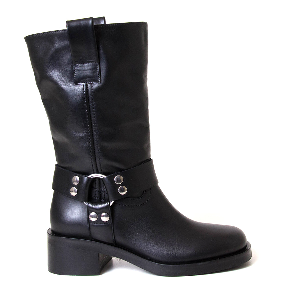 Strategia A5607. Women's 2 inch heel black leather moto boot. Made in Italy.