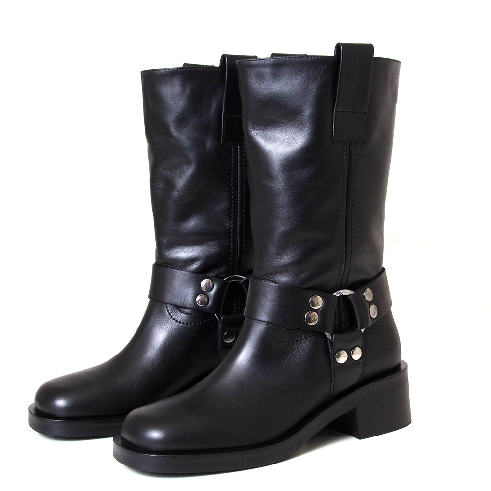 Strategia A5607. Women's 2 inch heel black leather moto boot. Made in Italy.