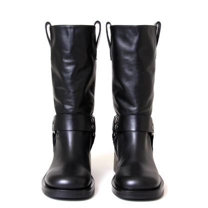 Strategia A5607. Women's 2 inch heel black leather moto boot. Made in Italy.