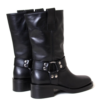 Strategia A5607. Women's 2 inch heel black leather moto boot. Made in Italy.