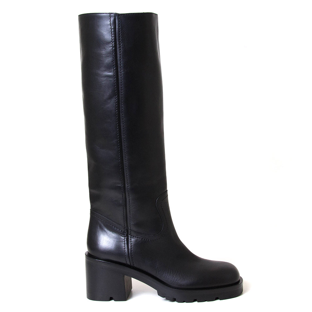 Strategia A5471. Women's 2¾ inch black leather knee-high boot.