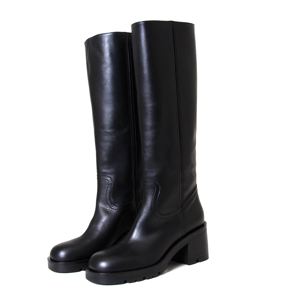 Strategia A5471. Women's 2¾ inch black leather knee-high boot.