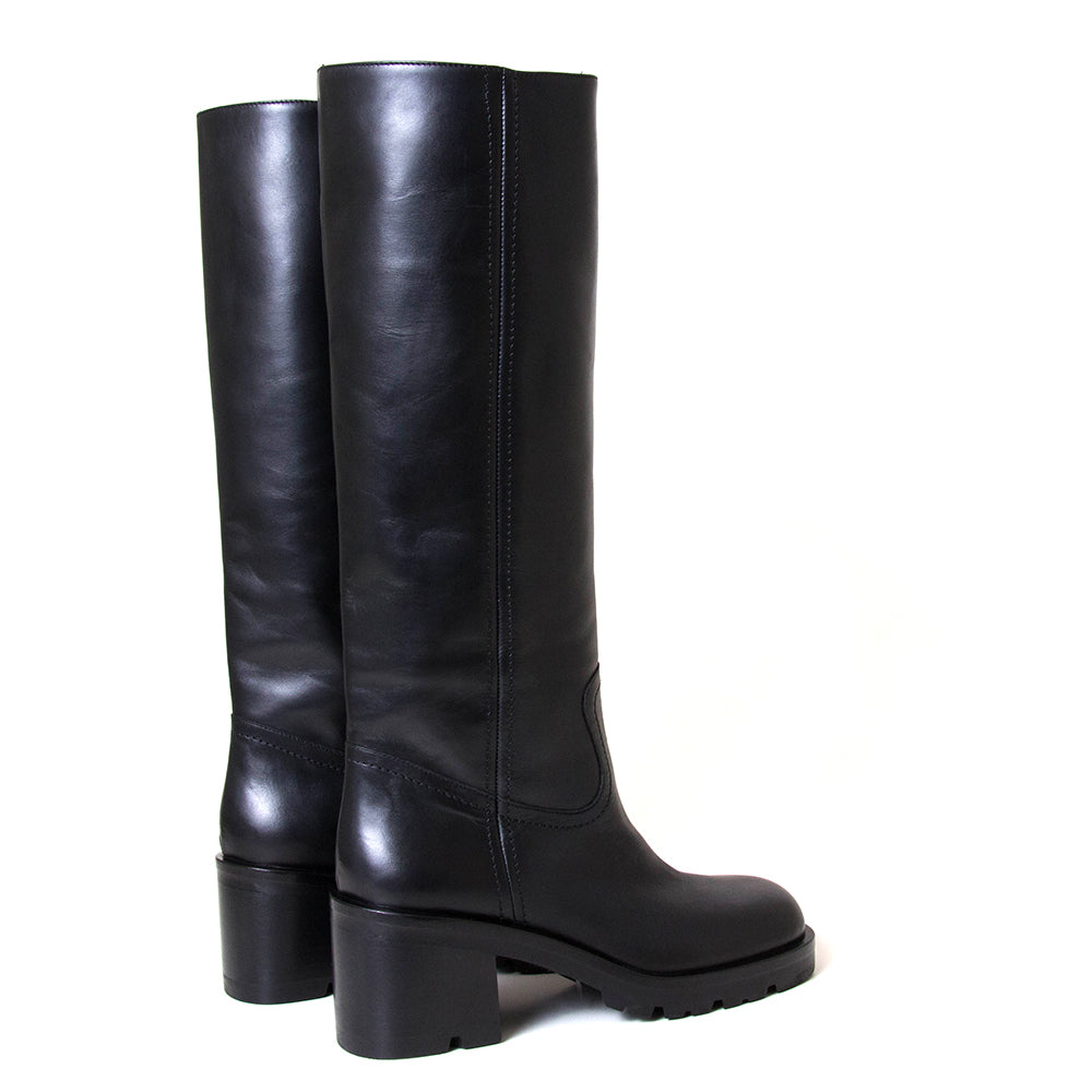 Strategia A5471. Women's 2¾ inch black leather knee-high boot.