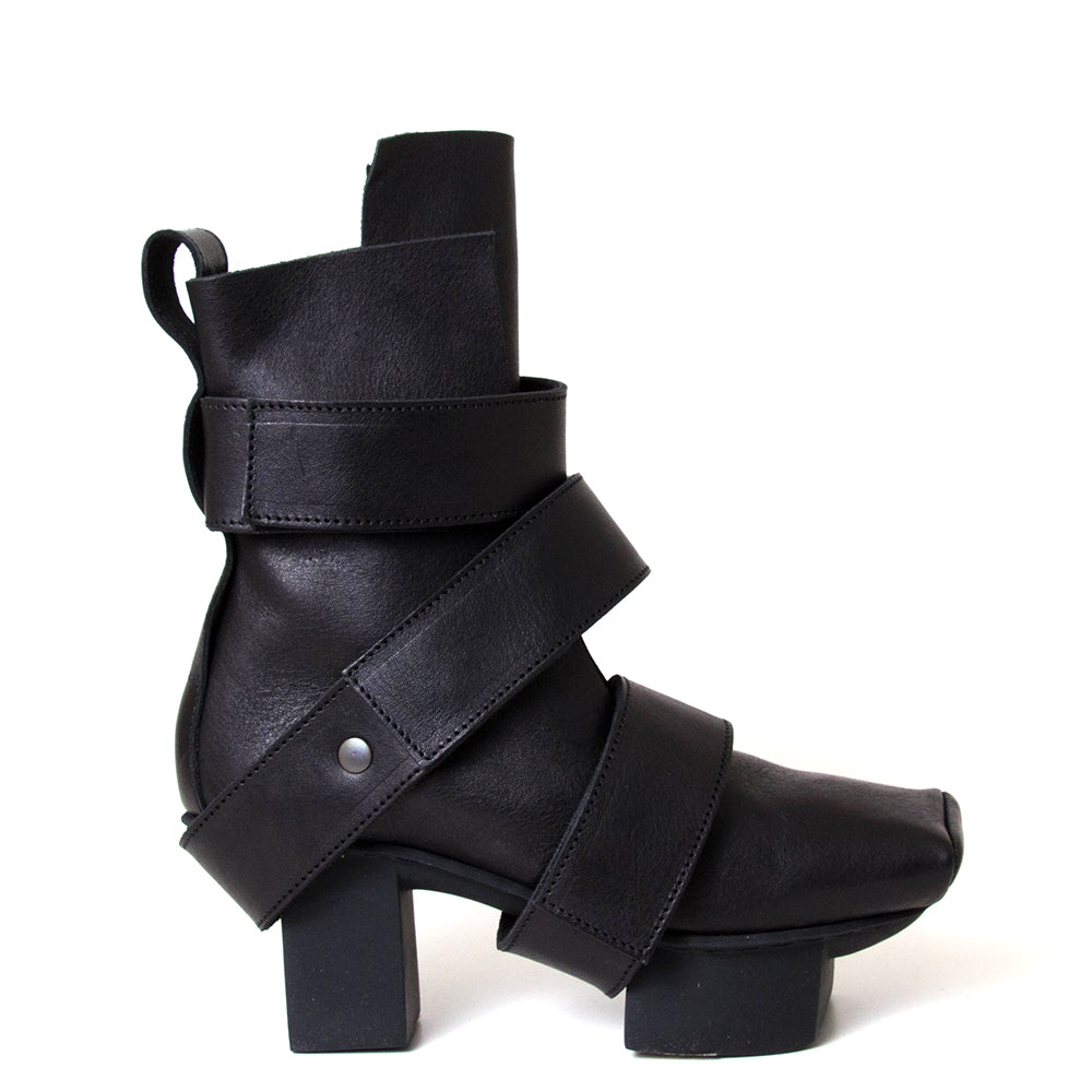 Trippen Dimension. Women's 3 inch high black platform leather boot.