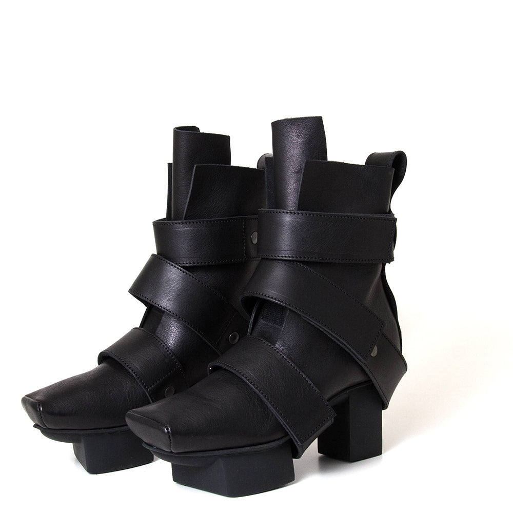 Trippen Dimension. Women's 3 inch high black platform leather boot.