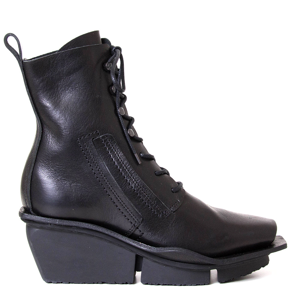 Trippen Fuse. Women's 2½ inch platform wedge black leather boot.