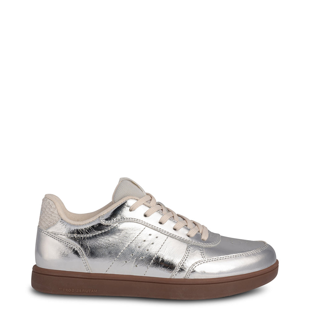 Woden Bjork. Sustainably made women's silver leather casual sneaker. 