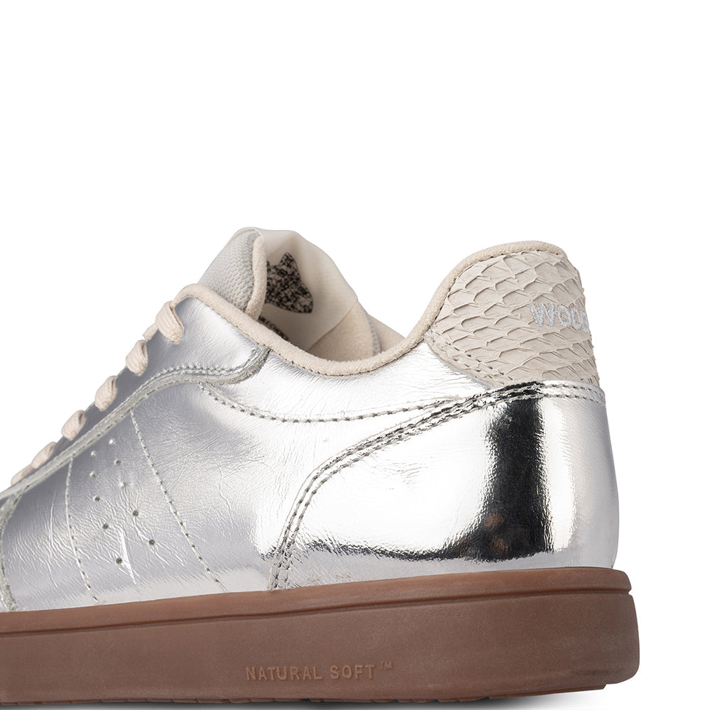 Woden Bjork. Sustainably made women's silver leather casual sneakers. 
