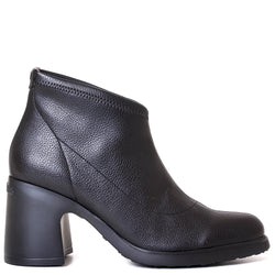 Wonders M-5504. Women's black leather 3" heel ankle boot. Made in Spain. Side view.