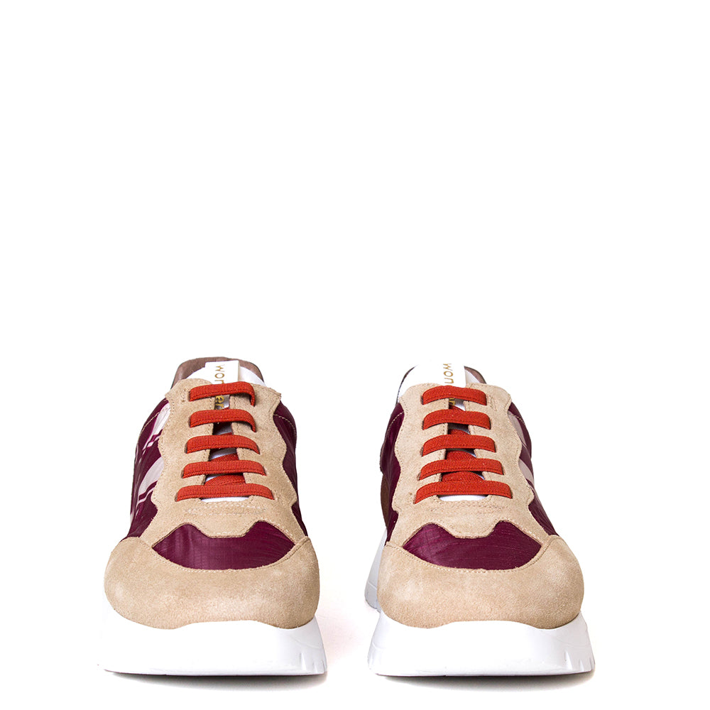 Wonders A-2452-T. Women's brown suede with wine nylon platform sneaker. Front view.