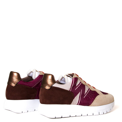 Wonders A-2452-T. Women's brown suede with wine nylon platform sneaker. Back view.