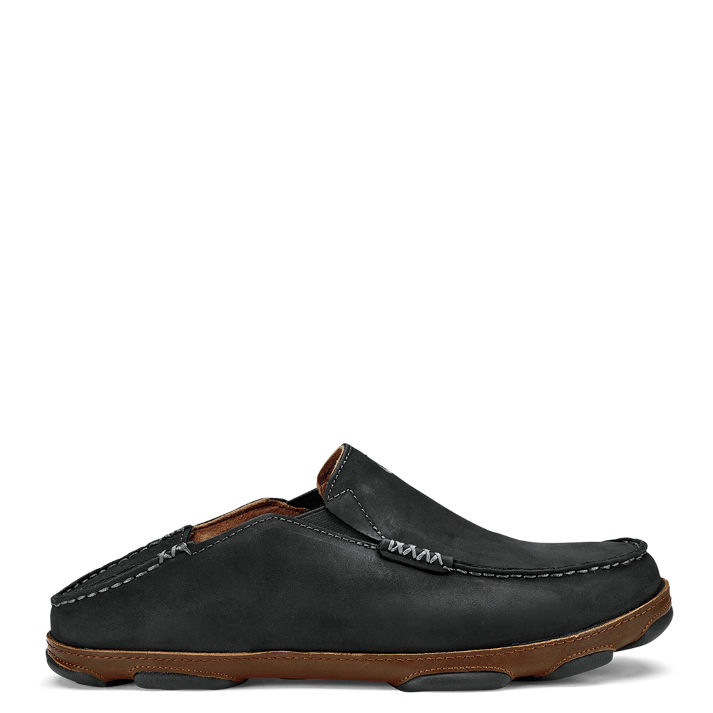 Olukai Moloa. Men's slip-on shoe in black waxed nubuck leather. Side view with back down.