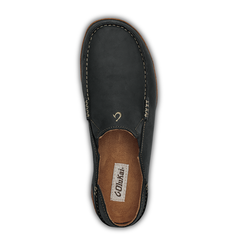 Olukai Moloa. Men's slip-on shoe in black waxed nubuck leather. Above view.