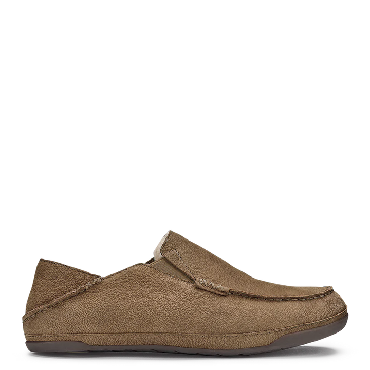 OluKai Kipuka in Toffee. Men's slip on casual loafer in brown leather. Side view.