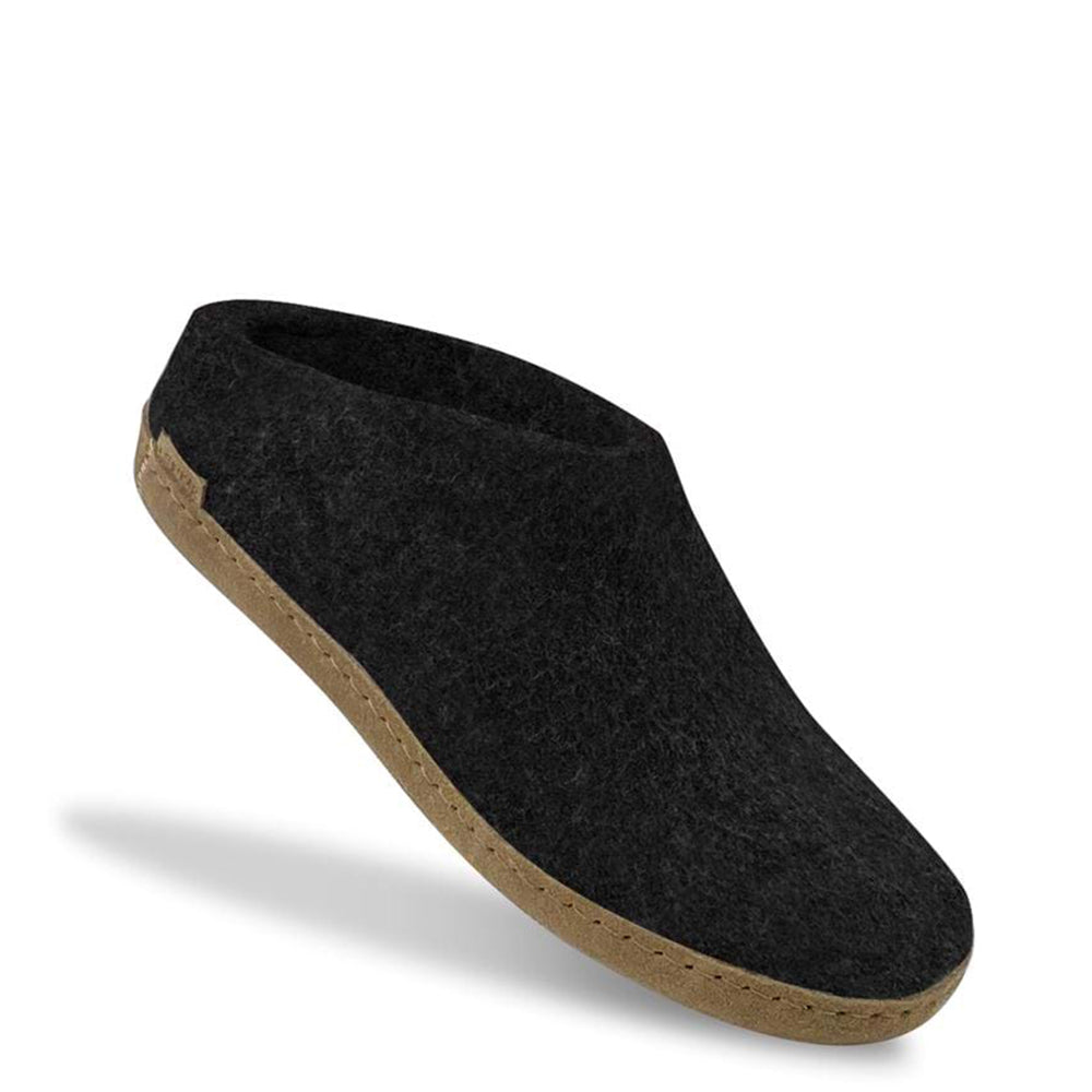 Glerups Slip On. Unisex 100% charcoal wool slipper. Made in Romania. 3/4 floating view.