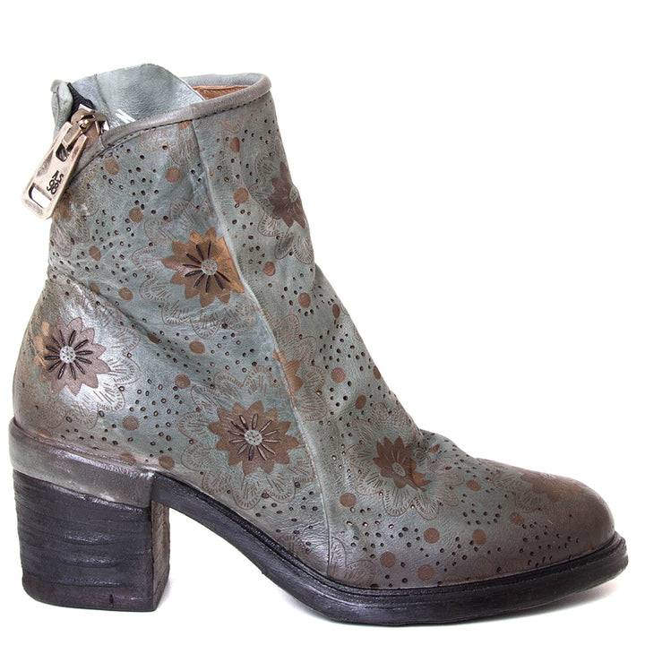 A.S. 98 JASE FLR-301 Iron-4004. Women's grey/flowers leather heel boot. 2½ inch heel, made in Bosnia. Side view.