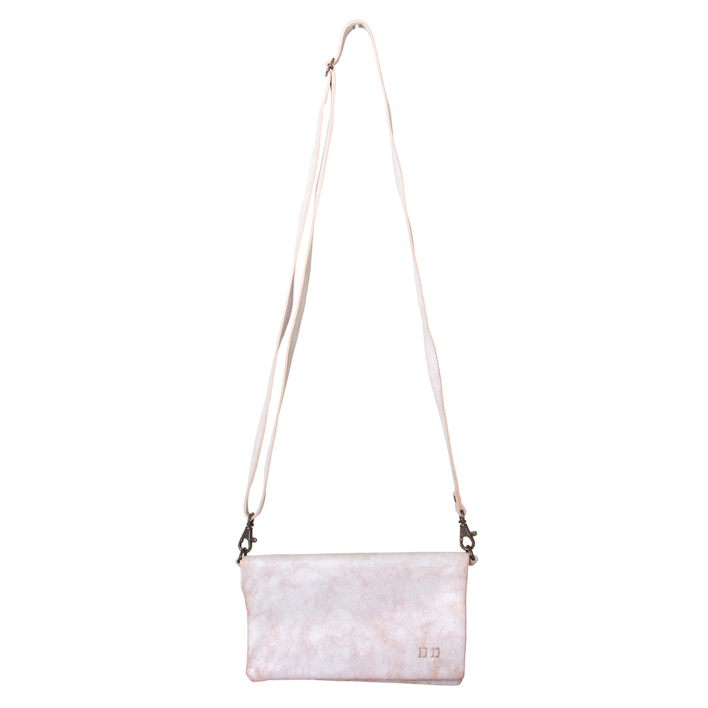 Bed Stu Cadence Wallet, Clutch and Crossbody Women's bag, purse in natural white leather. Side view with adjustable leather strap.