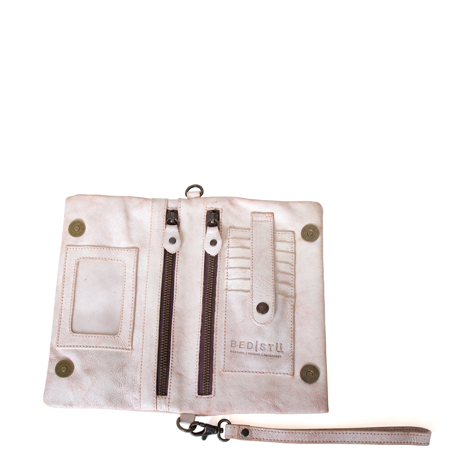 Bed Stu Cadence Wallet, Clutch and Crossbody Women's bag, purse in natural white leather. Open view with zipper pockets and Credit card holder.