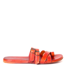 Bed Stu Hilda. Women's sandal, slide in orange red leather, toe ring and adjustable buckles. Side view.