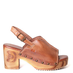 Bed Stu Marie. Women's wooden clog in tan leather, with slingback. Side view.